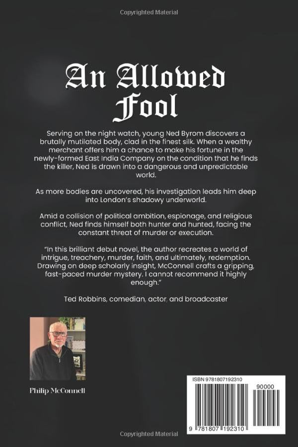 Back cover of An Allowed Fool featuring synopsis and endorsement